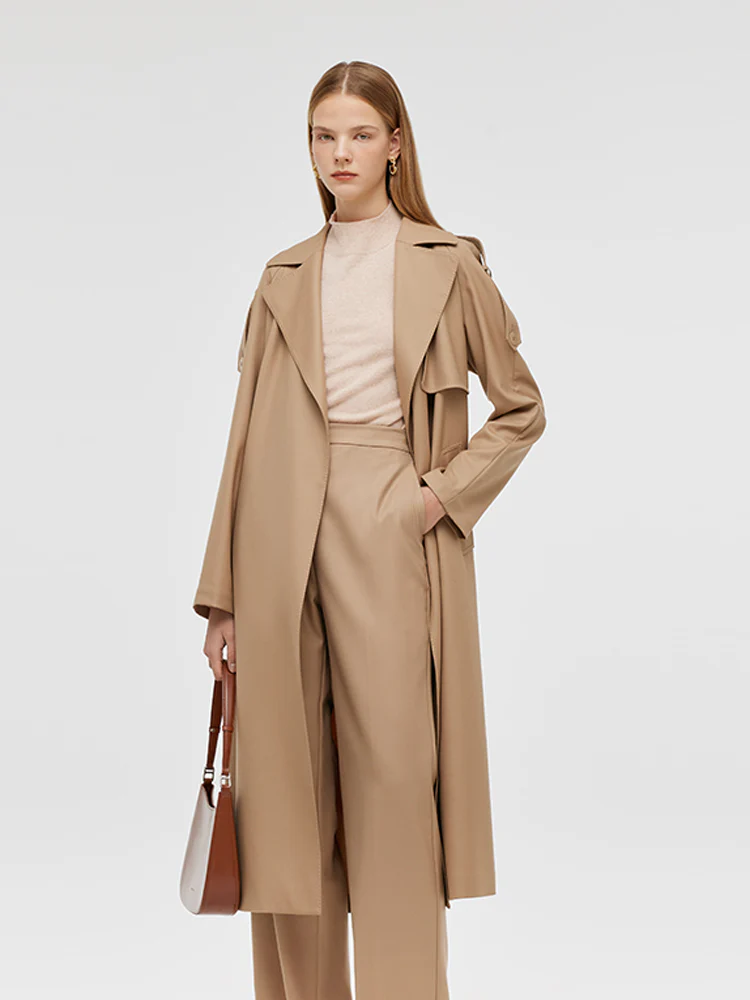 Worsted Wool Lapel Women Trench Coat With Belt - Image 6