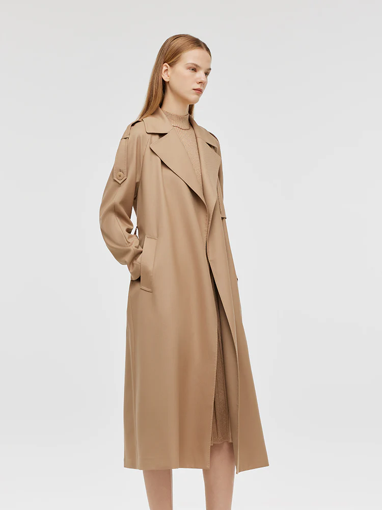 Worsted Wool Lapel Women Trench Coat With Belt - Image 8