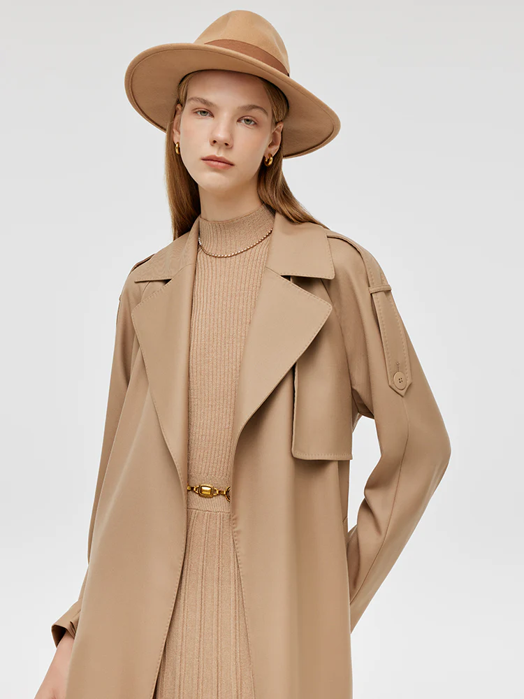 Worsted Wool Lapel Women Trench Coat With Belt - Image 9