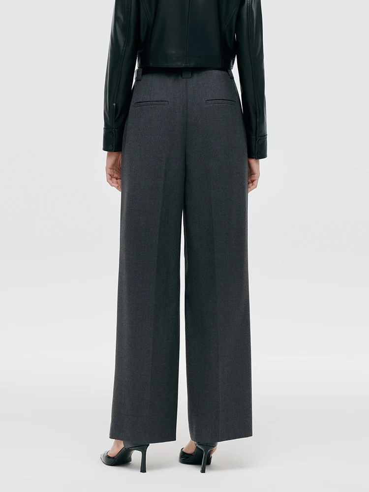Worsted Wool Women Wide Leg Pants With Leather Belt - Image 3