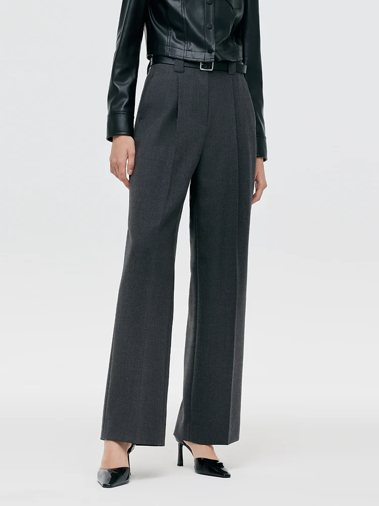 Worsted Wool Women Wide Leg Pants With Leather Belt - Image 4