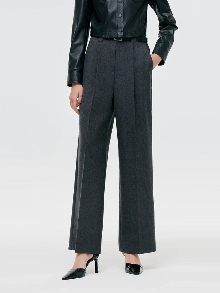 Worsted Wool Women Wide Leg Pants With Leather Belt - Image 5