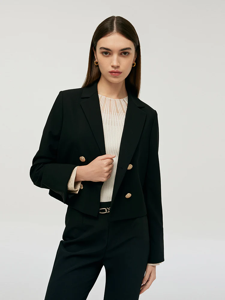 Worsted Woolen Crop Blazer With Detachable Sleeve - Image 3