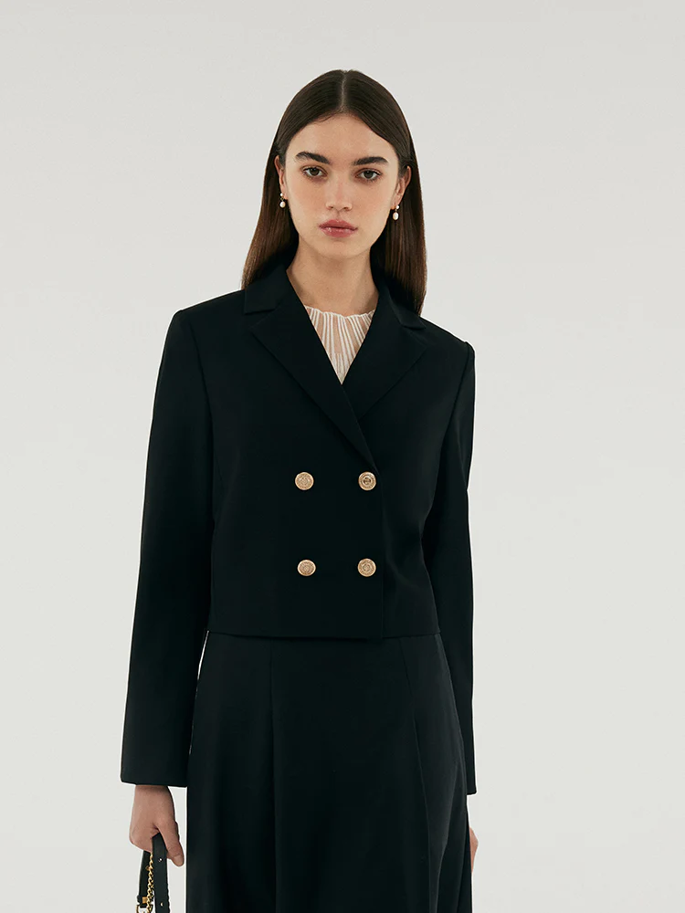 Worsted Woolen Crop Blazer With Detachable Sleeve - Image 4